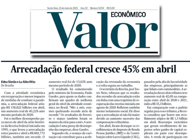Arrecadação federal sobe 45,22% em abril