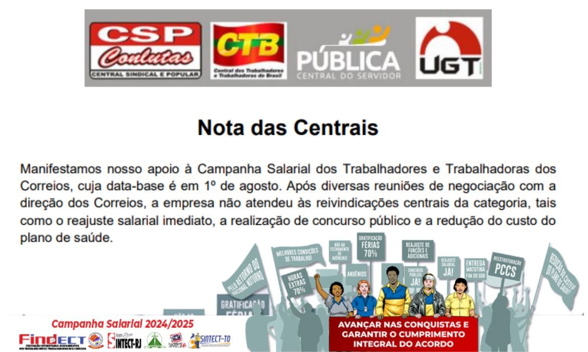 Centrais divulgam nota de apoio à Campanha dos Correios
