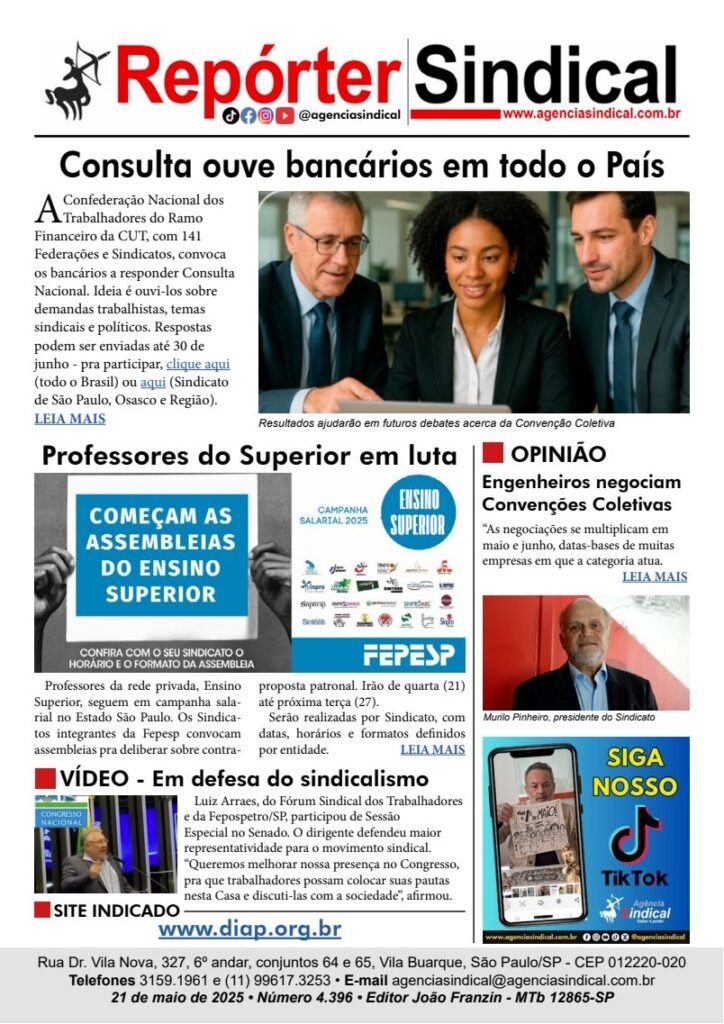 Capa do Repórter Sindical, edição 4.396: Consulta ouve bancários em todo o País