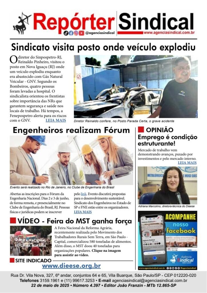 Capa do Repórter Sindical, edição 4.397: Sindicato visita posto onde veículo explodiu