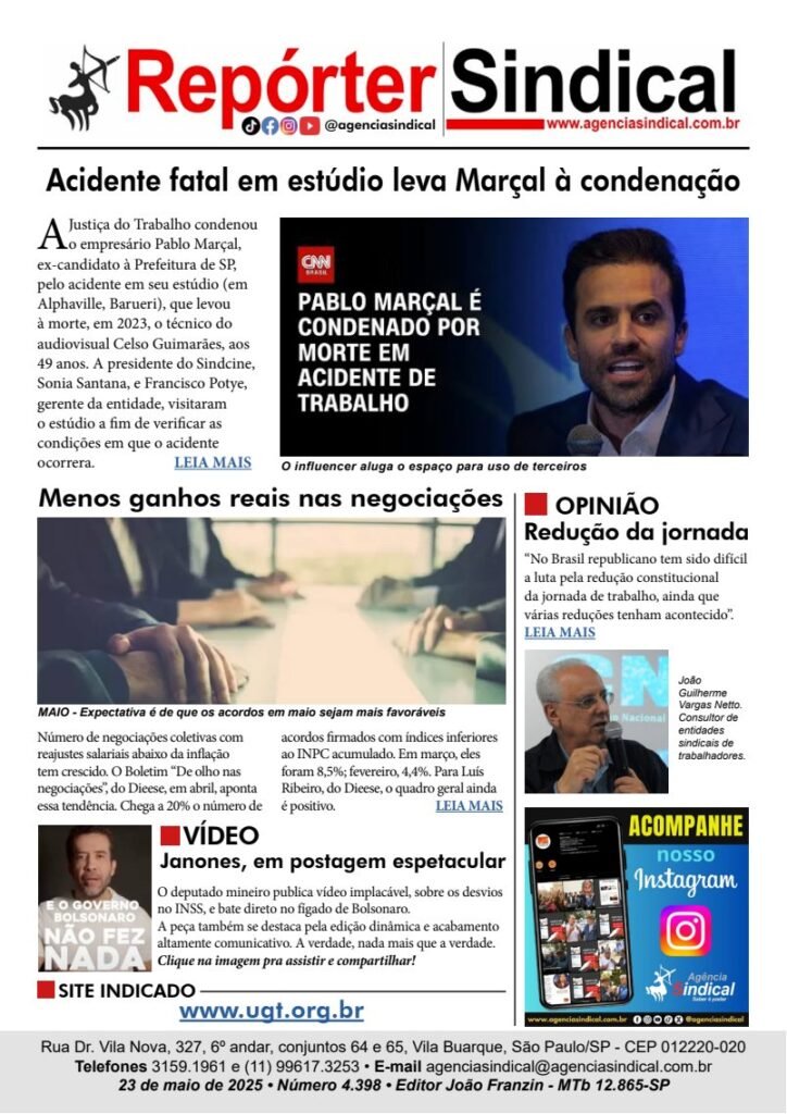 Capa do Repórter Sindical, edição 4.398: Acidente fatal em estúdio leva Marçal à condenação