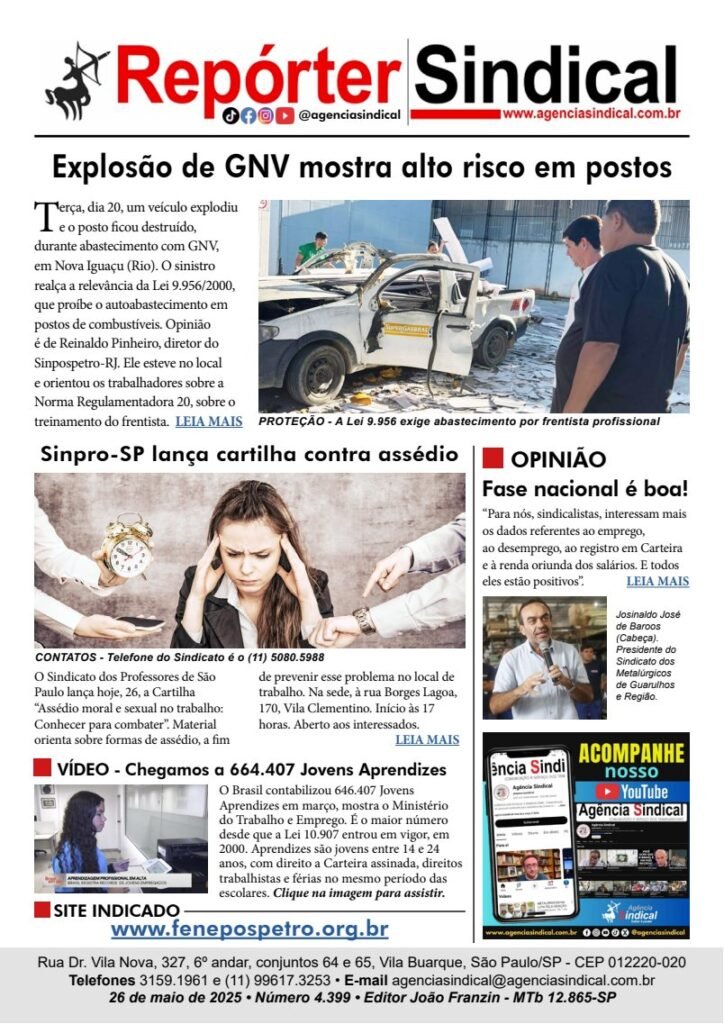 Capa do Repórter Sindical, edição 4.399: Explosão de GNV mostra alto risco em postos