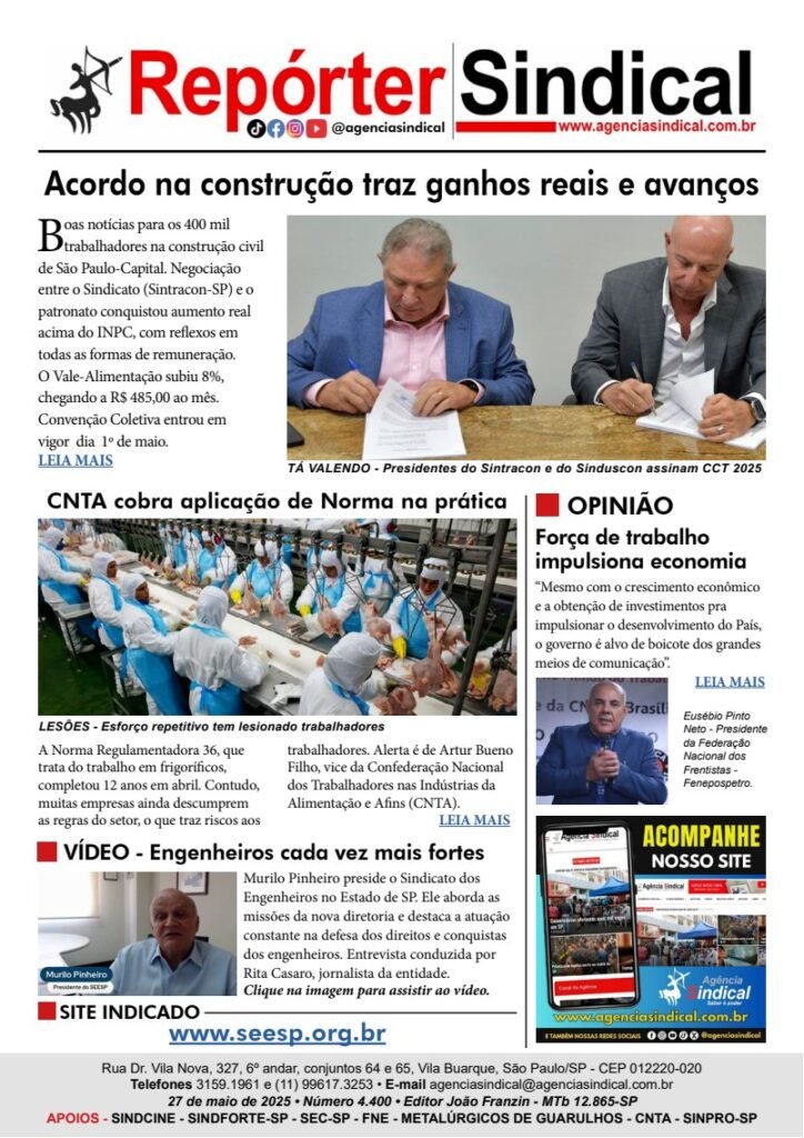Capa do Repórter Sindical, edição 4.400: Acordo na construção traz ganhos reais e avanços