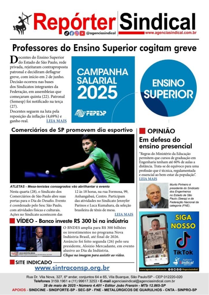 Capa do Repórter Sindical, edição 4.401: Professores do Ensino Superior cogitam greve