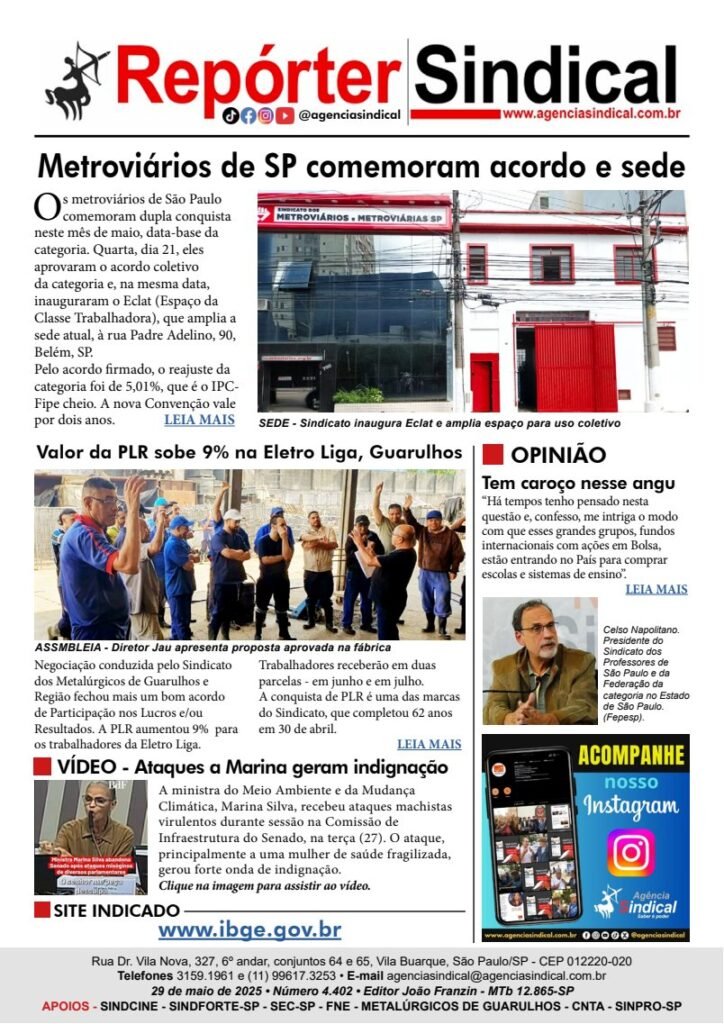 Capa do Repórter Sindical, edição 4.402: Metroviários de SP comemoram acordo e sede