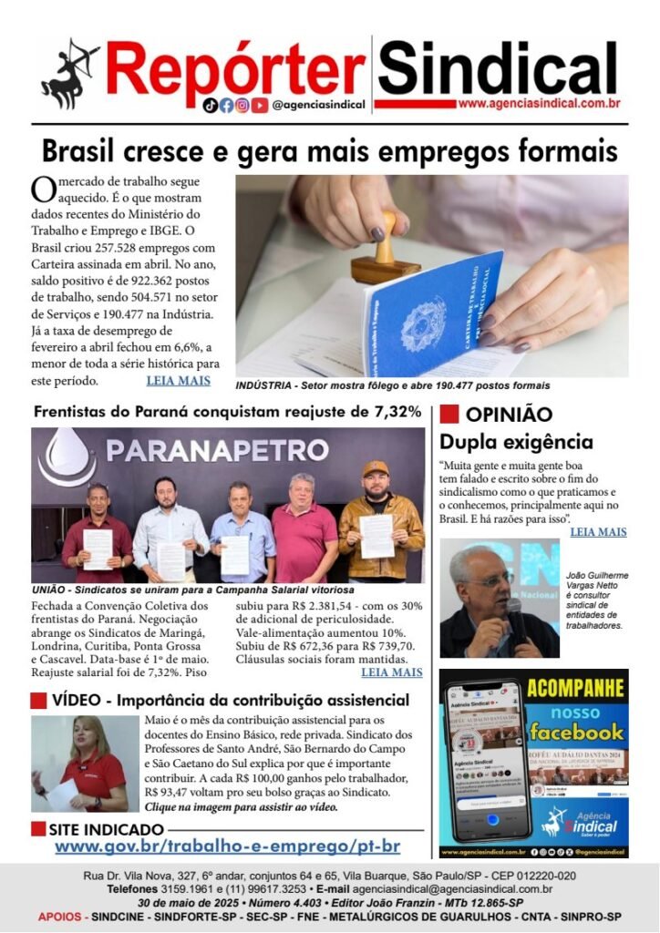 Capa do Repórter Sindical, edição 4.403: Brasil cresce e gera mais empregos formais