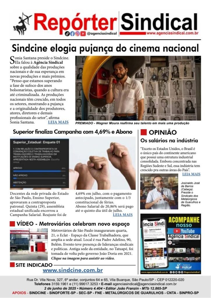 Capa do Repórter Sindical, edição 4.404: Sindcine elogia pujança do cinema nacional