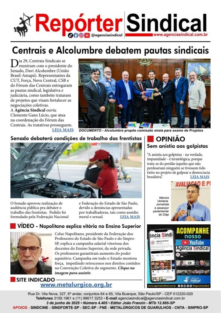 Capa do Repórter Sindical, edição 4.405: Centrais e Alcolumbre debatem pautas sindicais