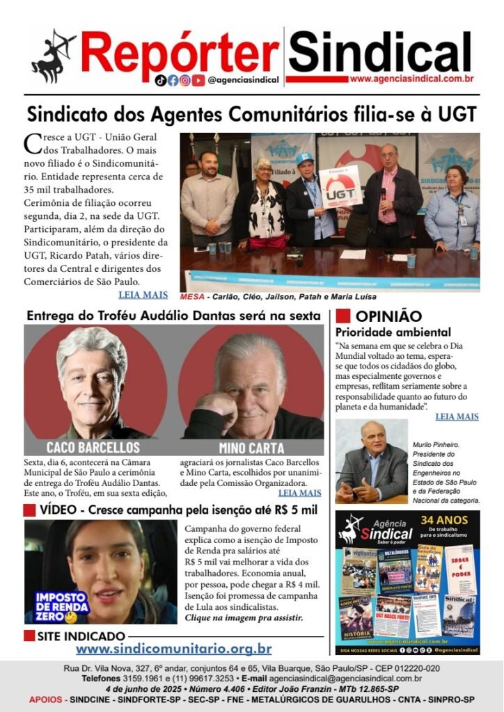 Capa do Repórter Sindical, edição 4.406: Sindicato dos Agentes Comunitários filia-se à UGT