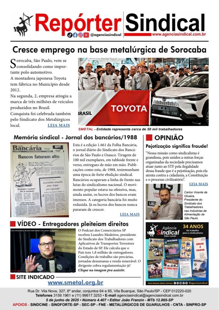 Capa do Repórter Sindical, edição 4.407: Cresce emprego na base metalúrgica de Sorocaba