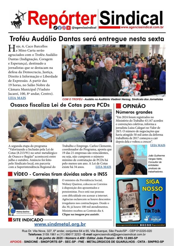 Capa do Repórter Sindical, edição 4.408: Troféu Audálio Dantas será entregue nesta sexta