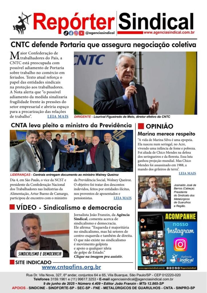 Capa do Repórter Sindical, edição 4.409: CNTC defende Portaria que assegura negociação coletiva