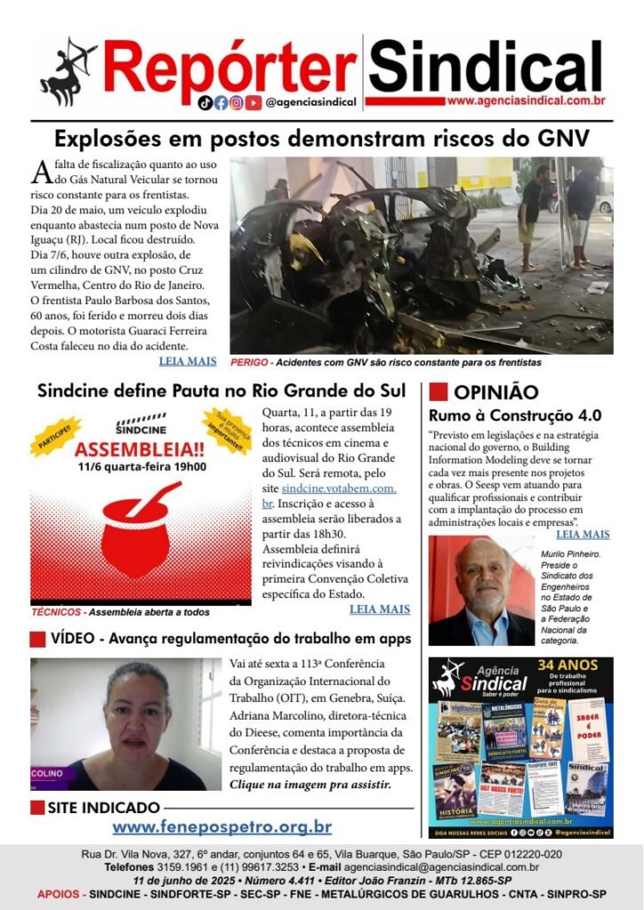 Capa do Repórter Sindical, edição 4.411: Explosões em postos demonstram riscos do GNV
