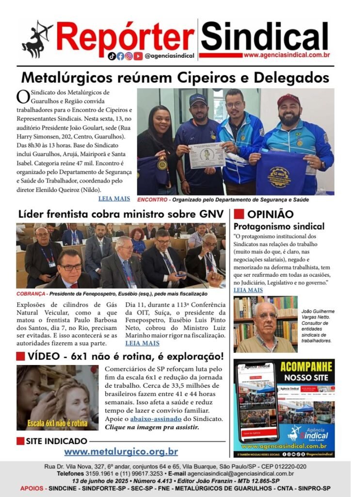 Capa do Repórter Sindical, edição 4.413: Metalúrgicos reúnem Cipeiros e Delegados