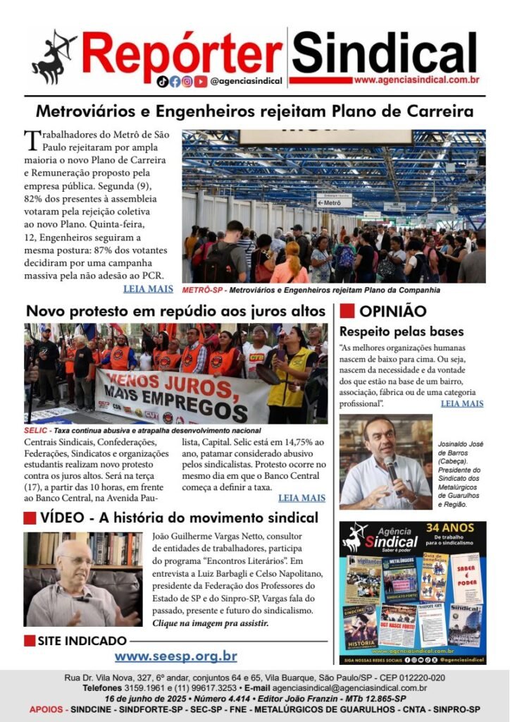 Capa do Repórter Sindical, edição 4.414: Metroviários e Engenheiros rejeitam Plano de Carreira