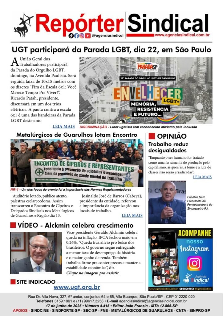 Capa do Repórter Sindical, edição 4.415: UGT participará da Parada LGBT, dia 22, em São Paulo