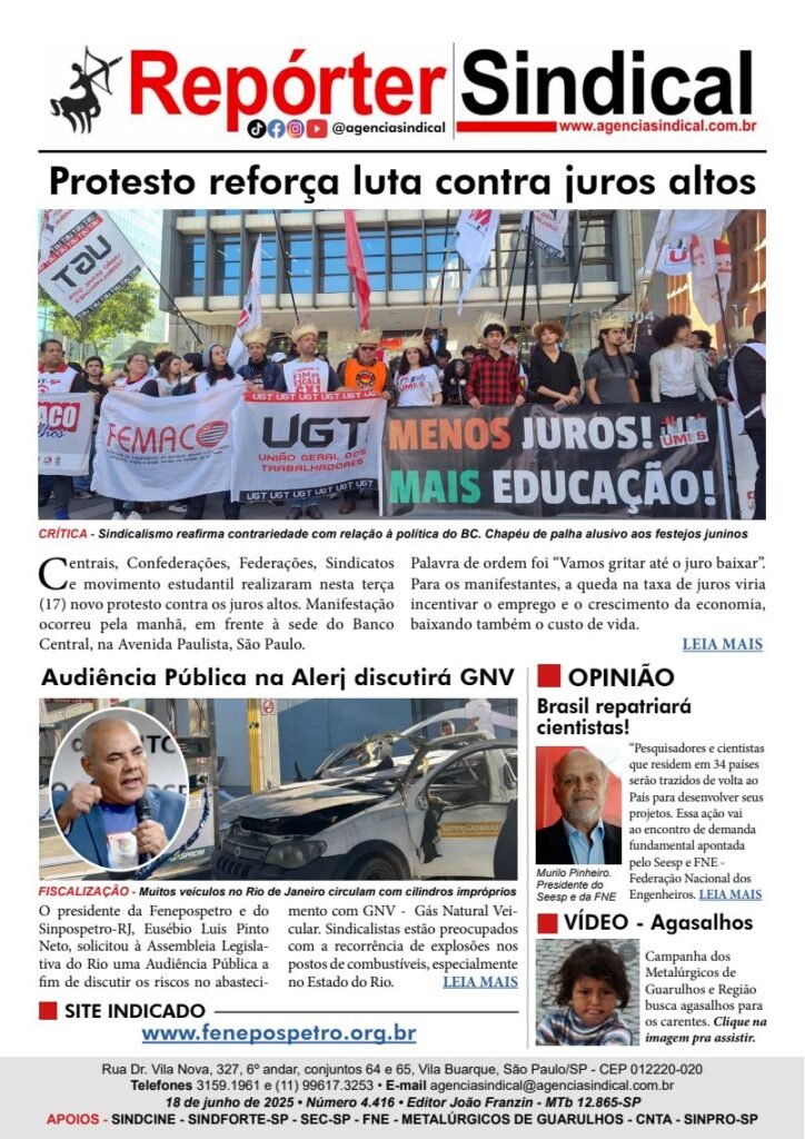 Capa do Repórter Sindical, edição 4.416: Protesto reforça luta contra juros altos