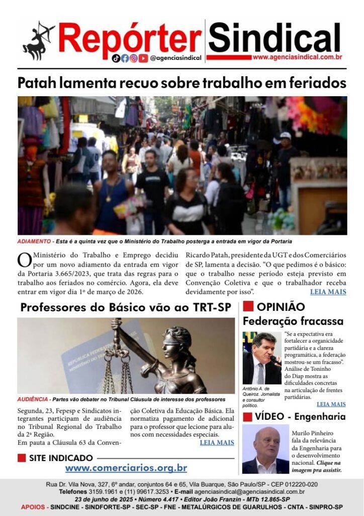 Capa do Repórter Sindical, edição 4.417: Patah lamenta recuo sobre trabalho em feriados