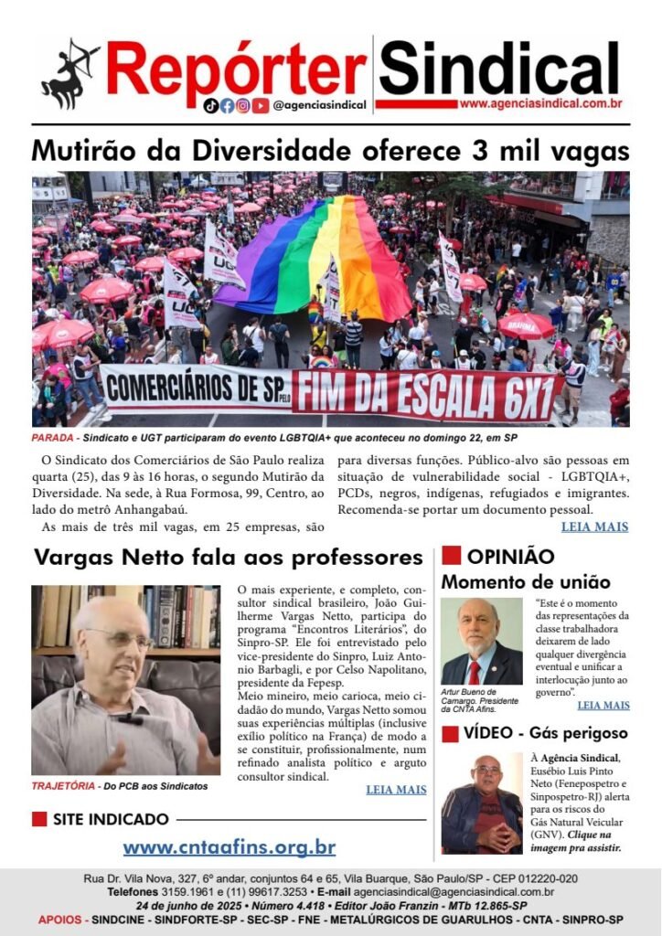 Capa do Repórter Sindical, edição 4.418: Mutirão da Diversidade oferece 3 mil vagas