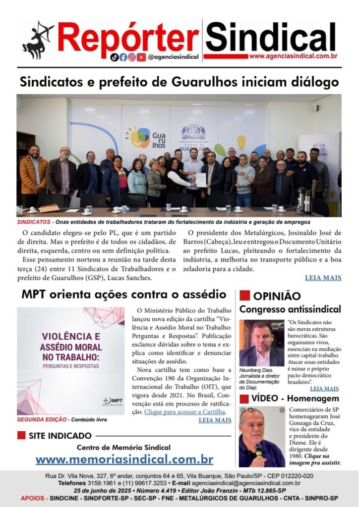 Capa do Repórter Sindical, edição 4.419: Sindicatos e prefeito de Guarulhos iniciam diálogo