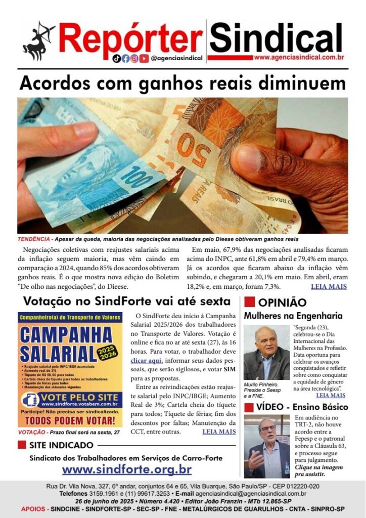 Capa do Repórter Sindical, edição 4.420: Acordos com ganhos reais diminuem