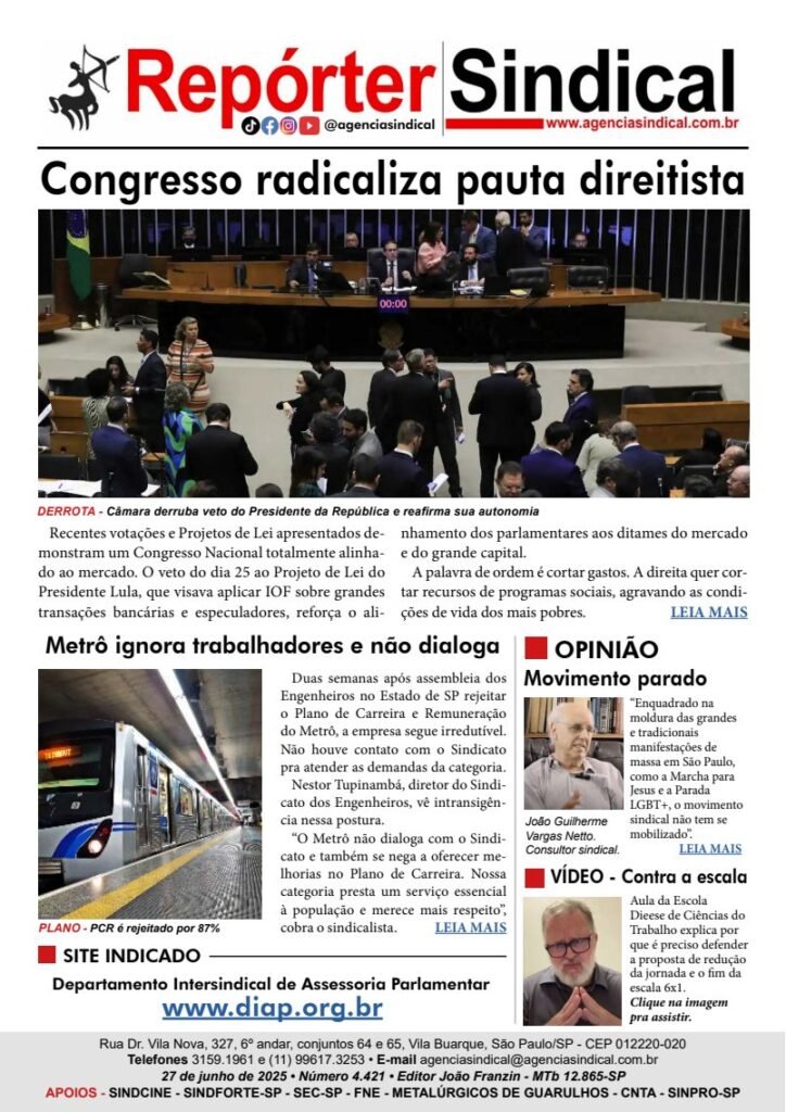Capa do Repórter Sindical, edição 4.421: Congresso radicaliza pauta direitista