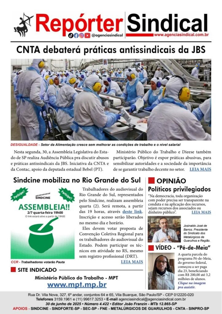 Capa do Repórter Sindical, edição 4.422: CNTA debaterá práticas antissindicais da JBS