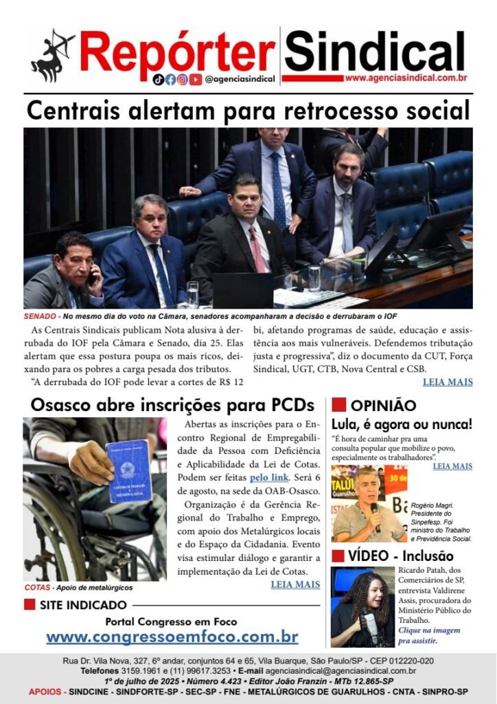 Capa do Repórter Sindical, edição 4.423: Centrais alertam para retrocesso social