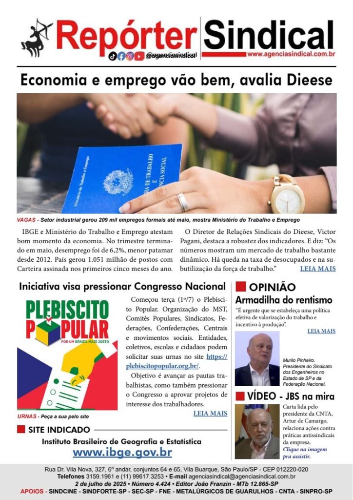 Capa do Repórter Sindical, edição 4.424: Economia e emprego vão bem, avalia Dieese