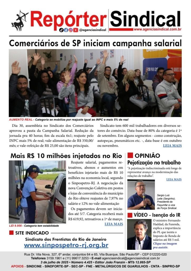 Capa do Repórter Sindical, edição 4.425: Comerciários de SP iniciam campanha salarial
