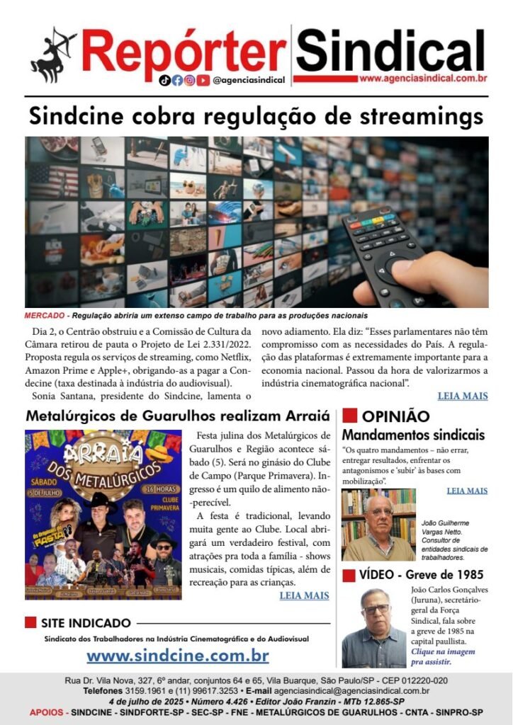Capa do Repórter Sindical, edição 4.426: Sindcine cobra regulação de streamings