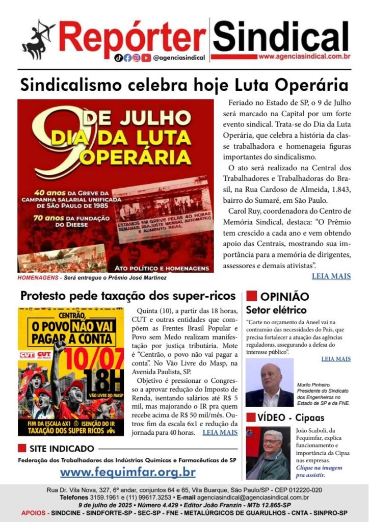 Capa do Repórter Sindical, edição 4.429: Sindicalismo celebra hoje Luta Operária