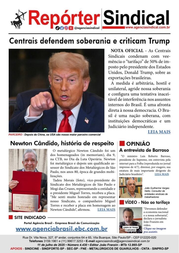 Capa do Repórter Sindical, edição 4.430: Centrais defendem soberania e criticam Trump