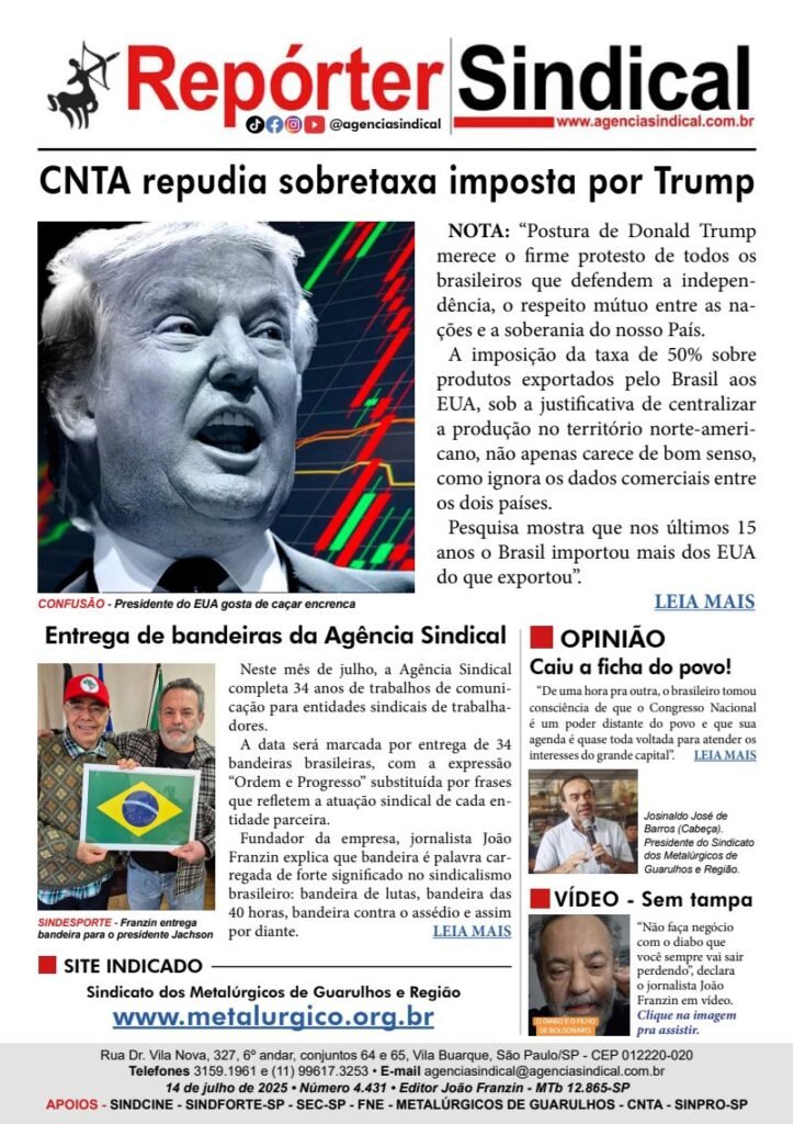 Capa do Repórter Sindical, edição 4.431: CNTA repudia sobretaxa imposta por Trump
