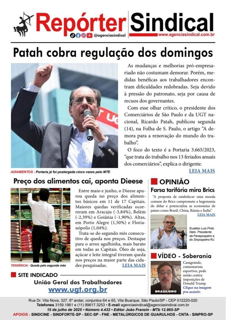 Capa do Repórter Sindical, edição 4.432: Patah cobra regulação dos domingos