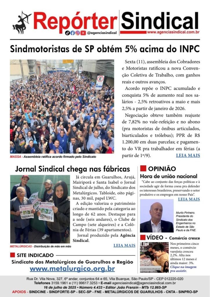 Capa do Repórter Sindical, edição 4.433: Sindmotoristas de SP obtém 5% acima do INPC