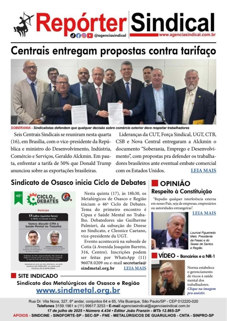 Capa do Repórter Sindical, edição 4.434: Centrais entregam propostas contra tarifaço