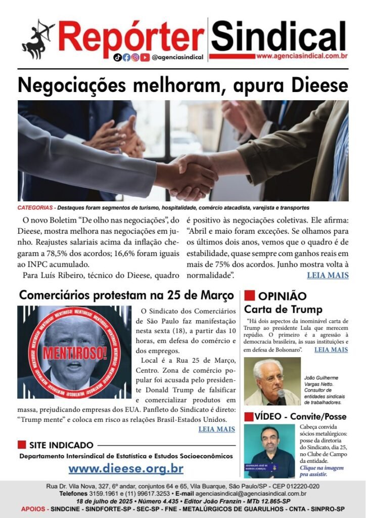Capa do Repórter Sindical, edição 4.435: Negociações melhoram, apura Dieese