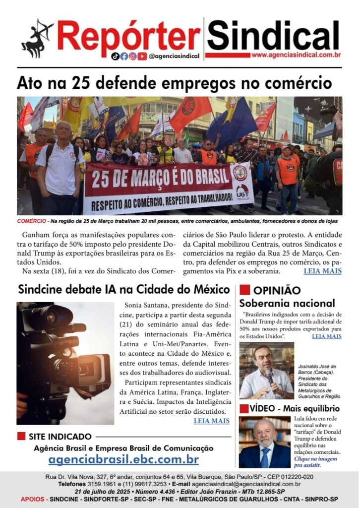 Capa do Repórter Sindical, edição 4.436: Ato na 25 defende empregos no comércio