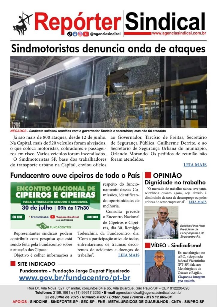 Capa do Repórter Sindical, edição 4.437: Sindmotoristas denuncia onda de ataques