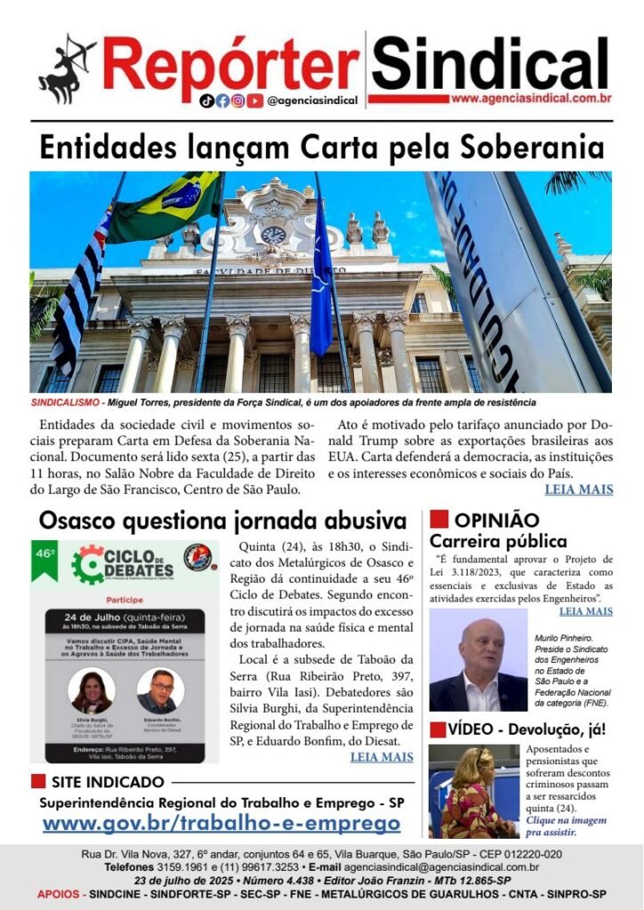 Capa do Repórter Sindical, edição 4.438: Entidades lançam Carta pela Soberania