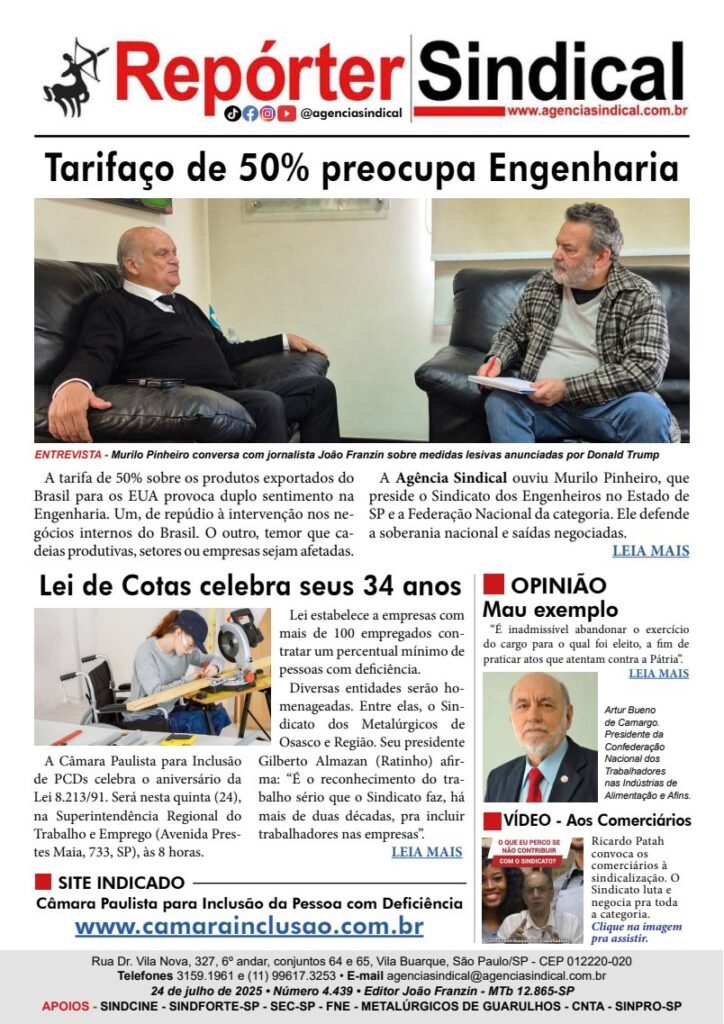 Capa do Repórter Sindical, edição 4.439: Tarifaço de 50% preocupa Engenharia
