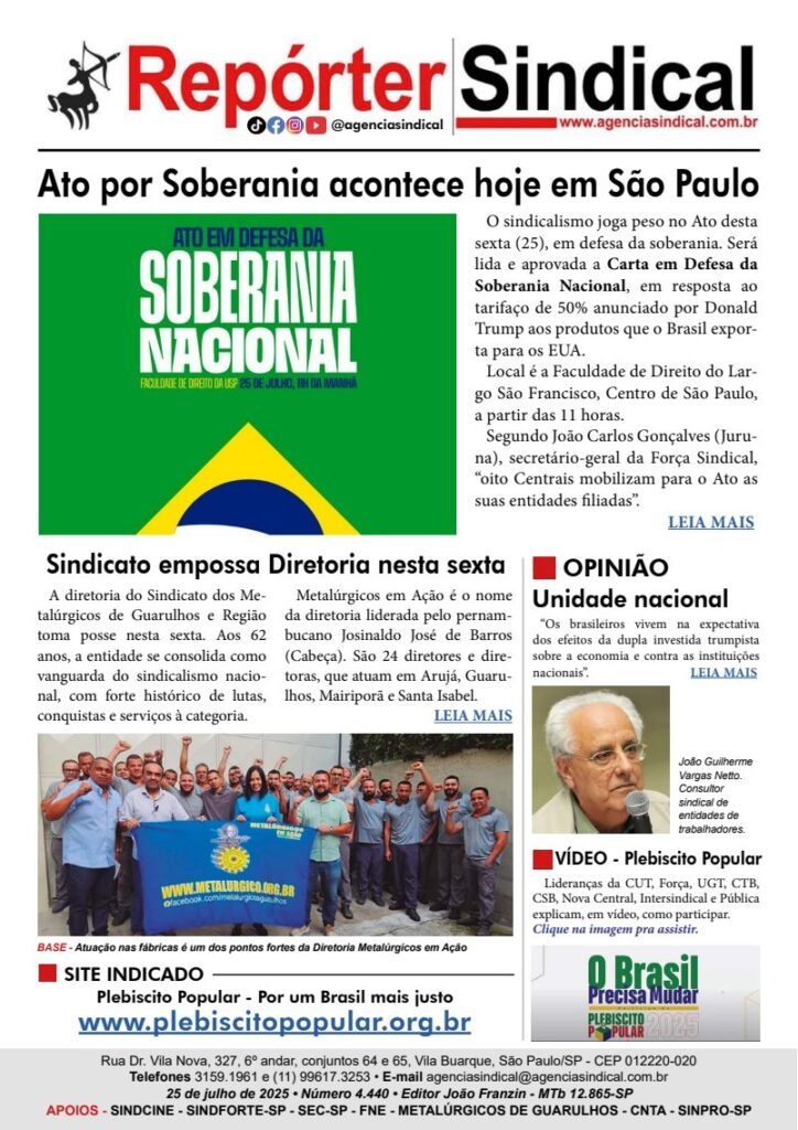 Capa do Repórter Sindical, edição 4.440: Ato por Soberania acontece hoje em São Paulo