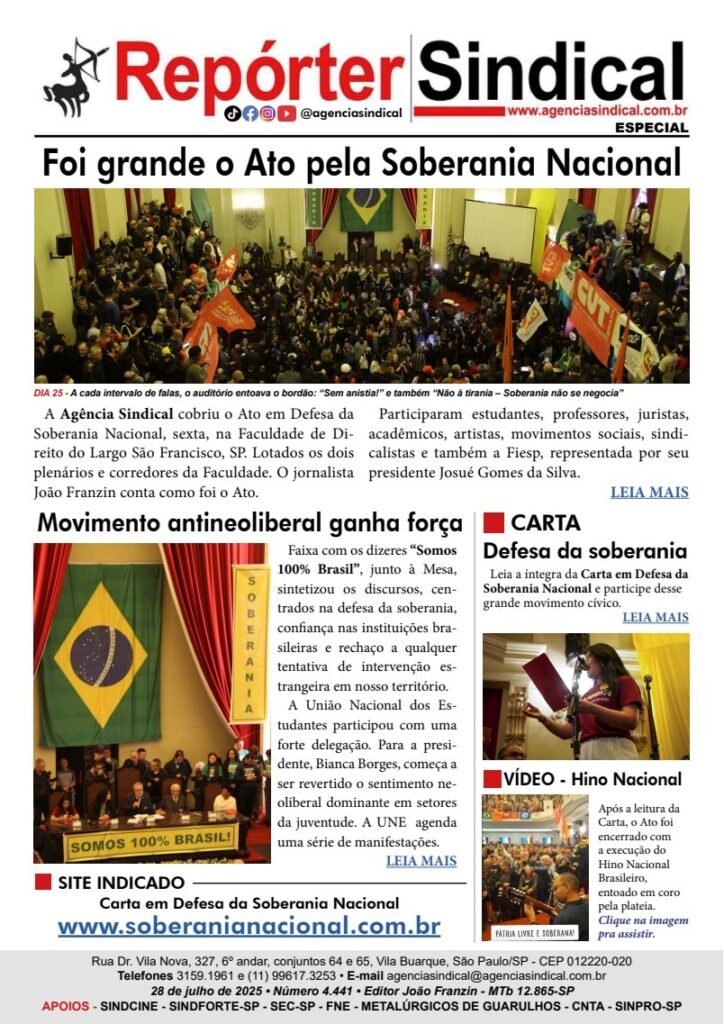 Capa do Repórter Sindical, edição 4.441: Foi grande o Ato pela Soberania Nacional