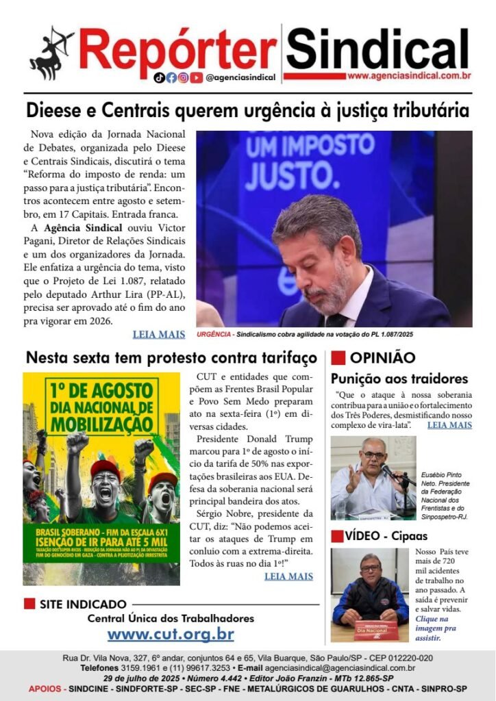 Capa do Repórter Sindical, edição 4.442: Dieese e Centrais querem urgência à justiça tributária