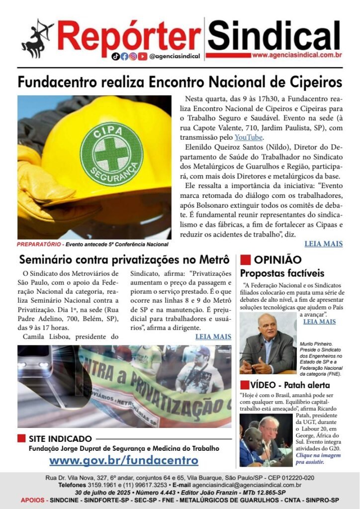 Capa do Repórter Sindical, edição 4.443: Fundacentro realiza Encontro Nacional de Cipeiros