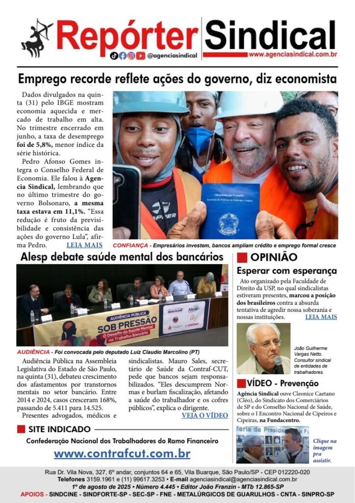Capa do Repórter Sindical, edição 4.445: Emprego recorde reflete ações do governo, diz economista