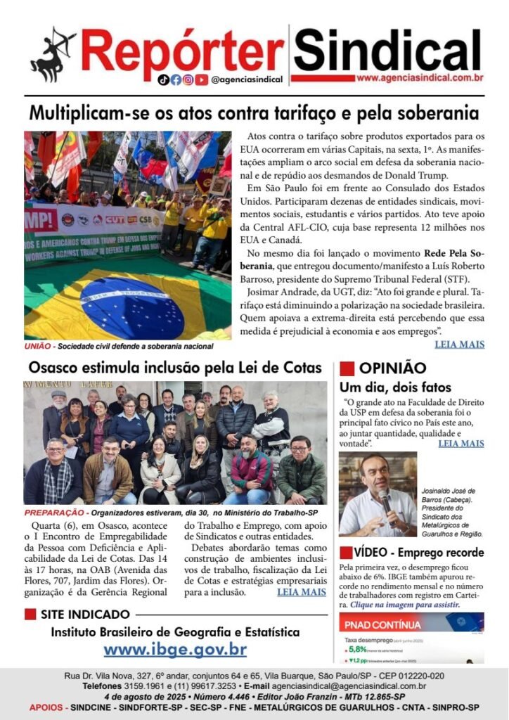 Capa do Repórter Sindical, edição 4.446: Multiplicam-se os atos contra tarifaço e pela soberania