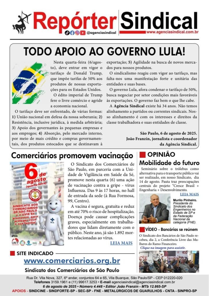 Capa do Repórter Sindical, edição 4.448: TODO APOIO AO GOVERNO LULA!