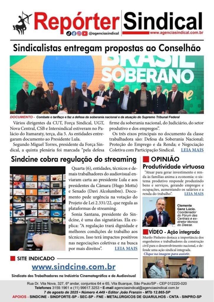 Capa do Repórter Sindical, edição 4.449: Sindicalistas entregam propostas ao Conselhão